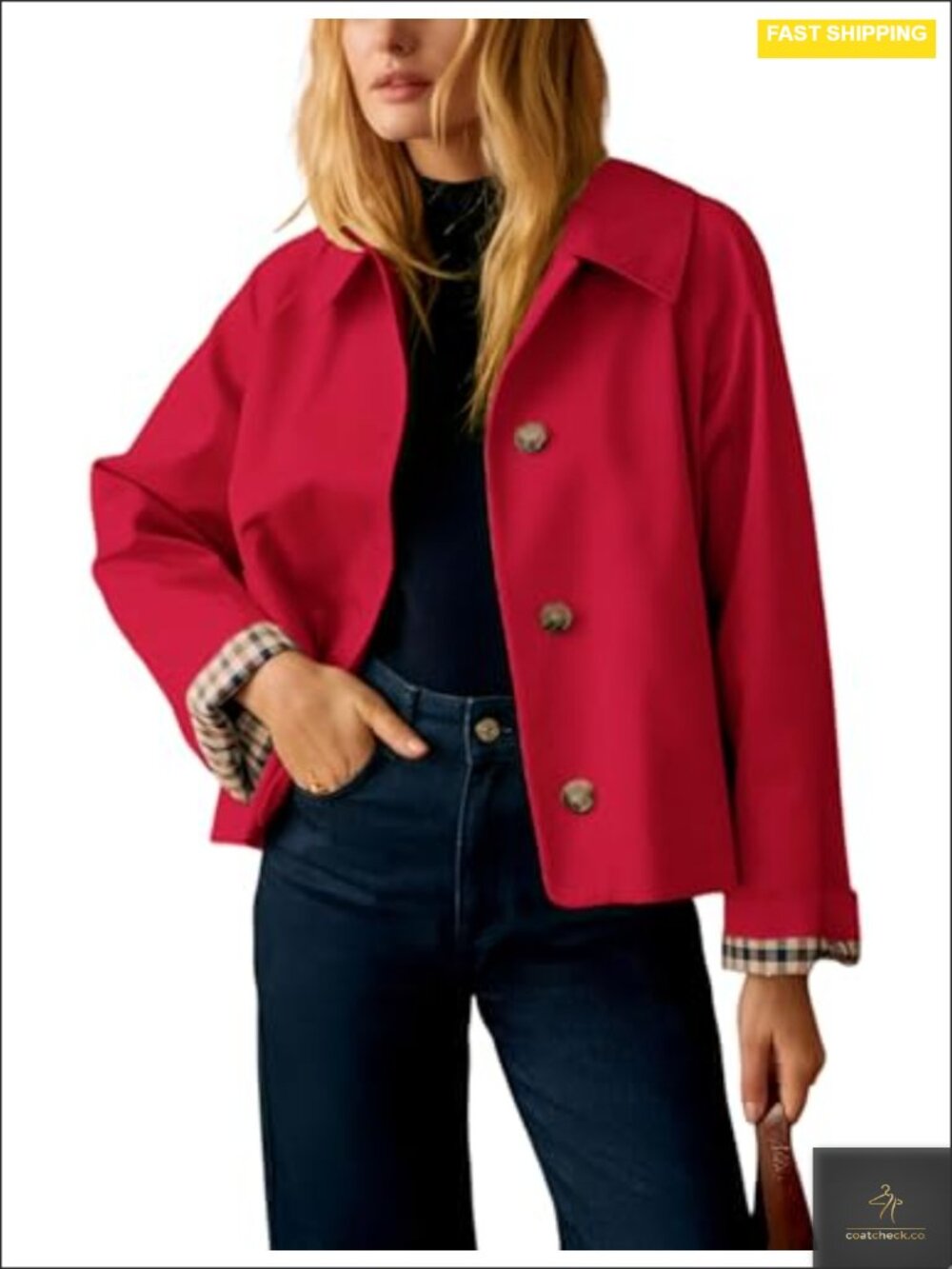 Oversize Crop Trench Jacket Plaid Lining Button Lapel Pockets